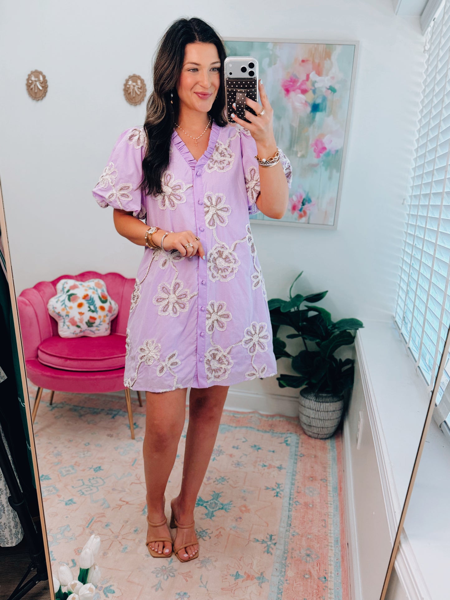 Lavender Raised Floral Button Mini Dress