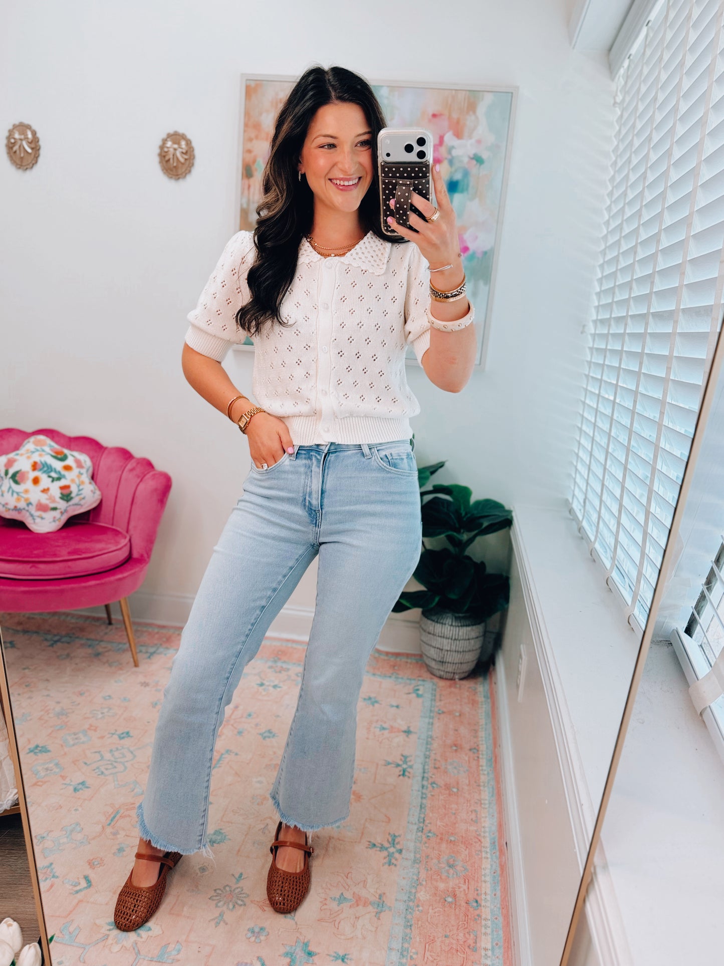 Pointelle Collar Button-Up Puff Sleeve Knit Top