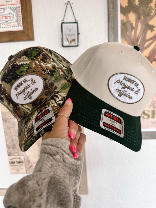 Camo Runnin' On Prayers & Caffeine Trucker Hat