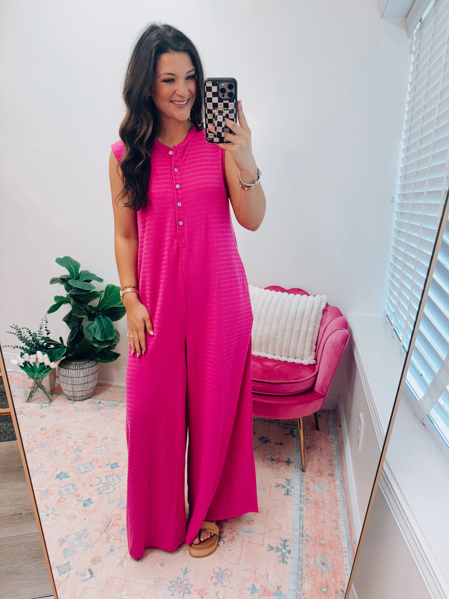 Fuchsia Textured Wide Leg Jumpsuit