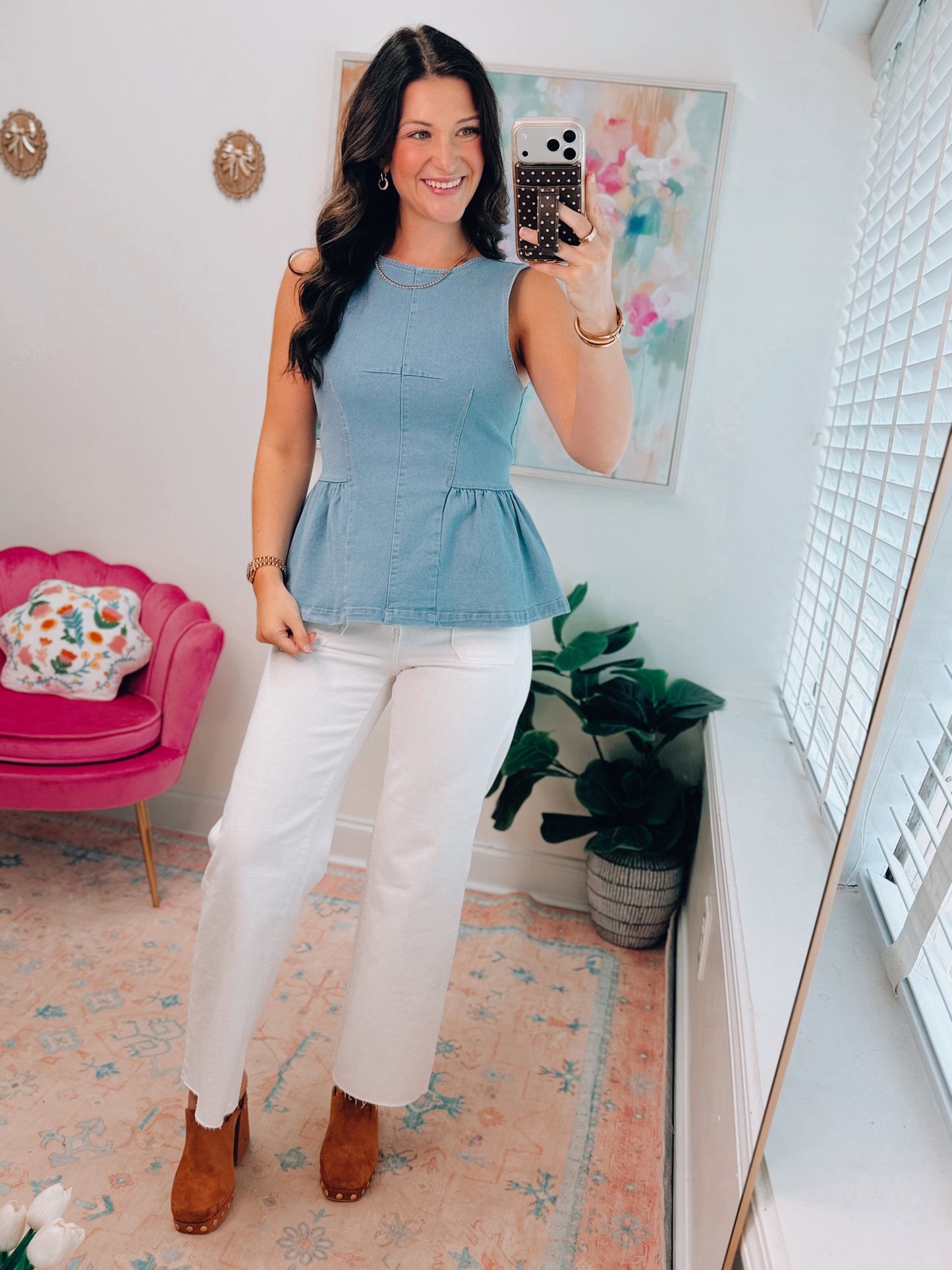 Denim Pleated Peplum Top