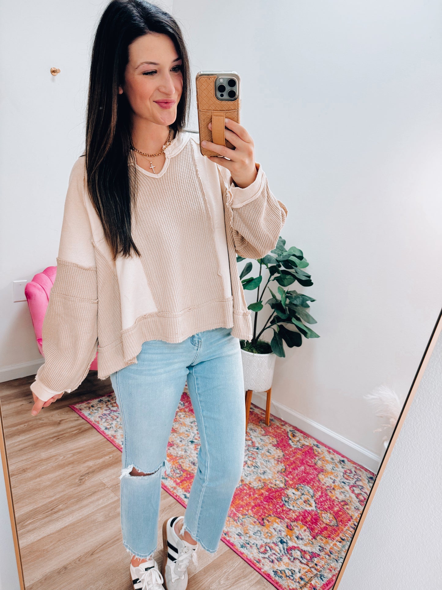 Oatmeal Contrast Knit Top