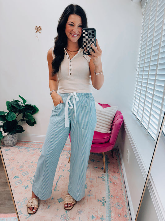 Striped Wide-Leg Tie Denim Pants
