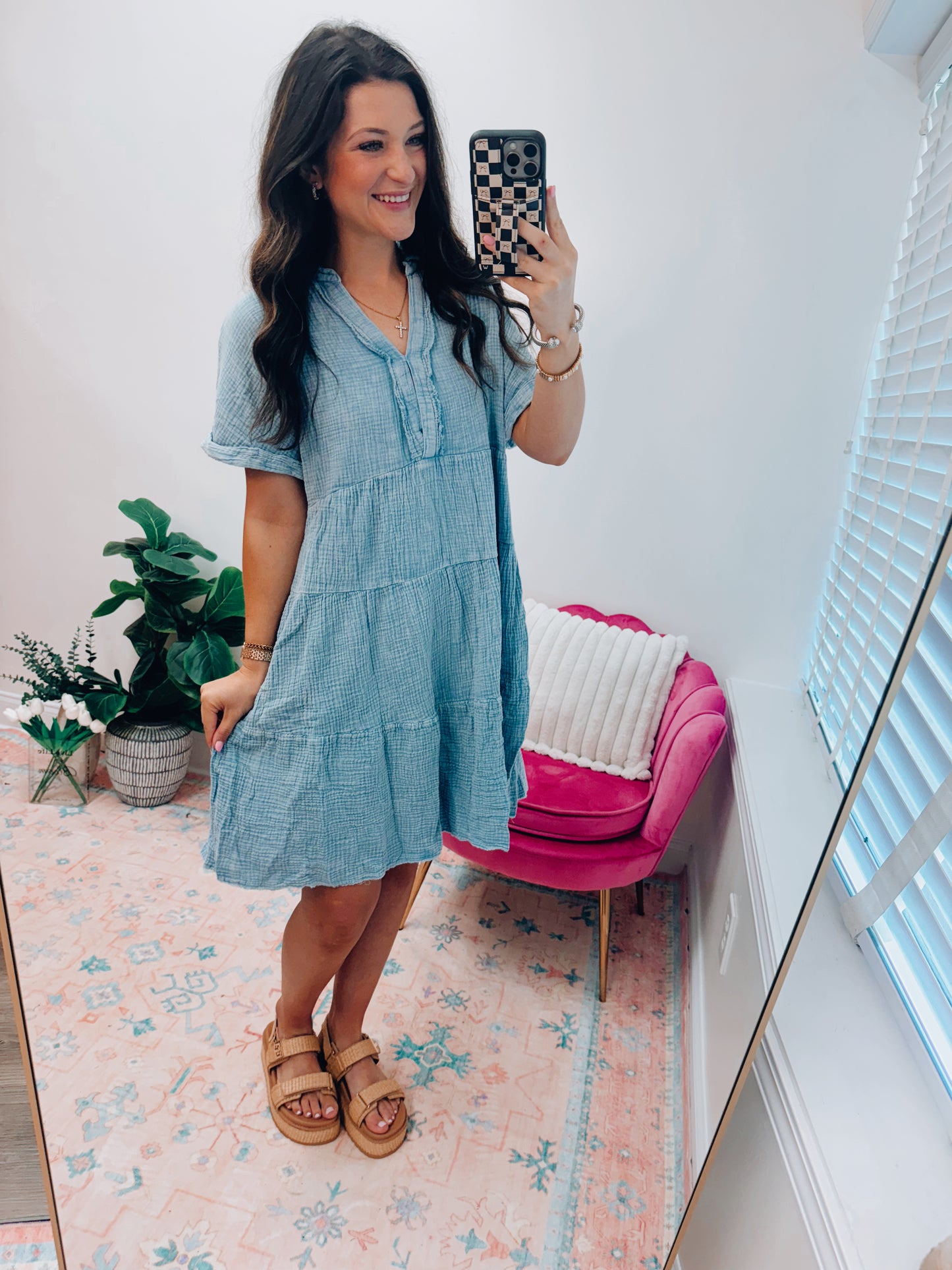 Beth Basic Mineral Gauze Mini Dress - Blue