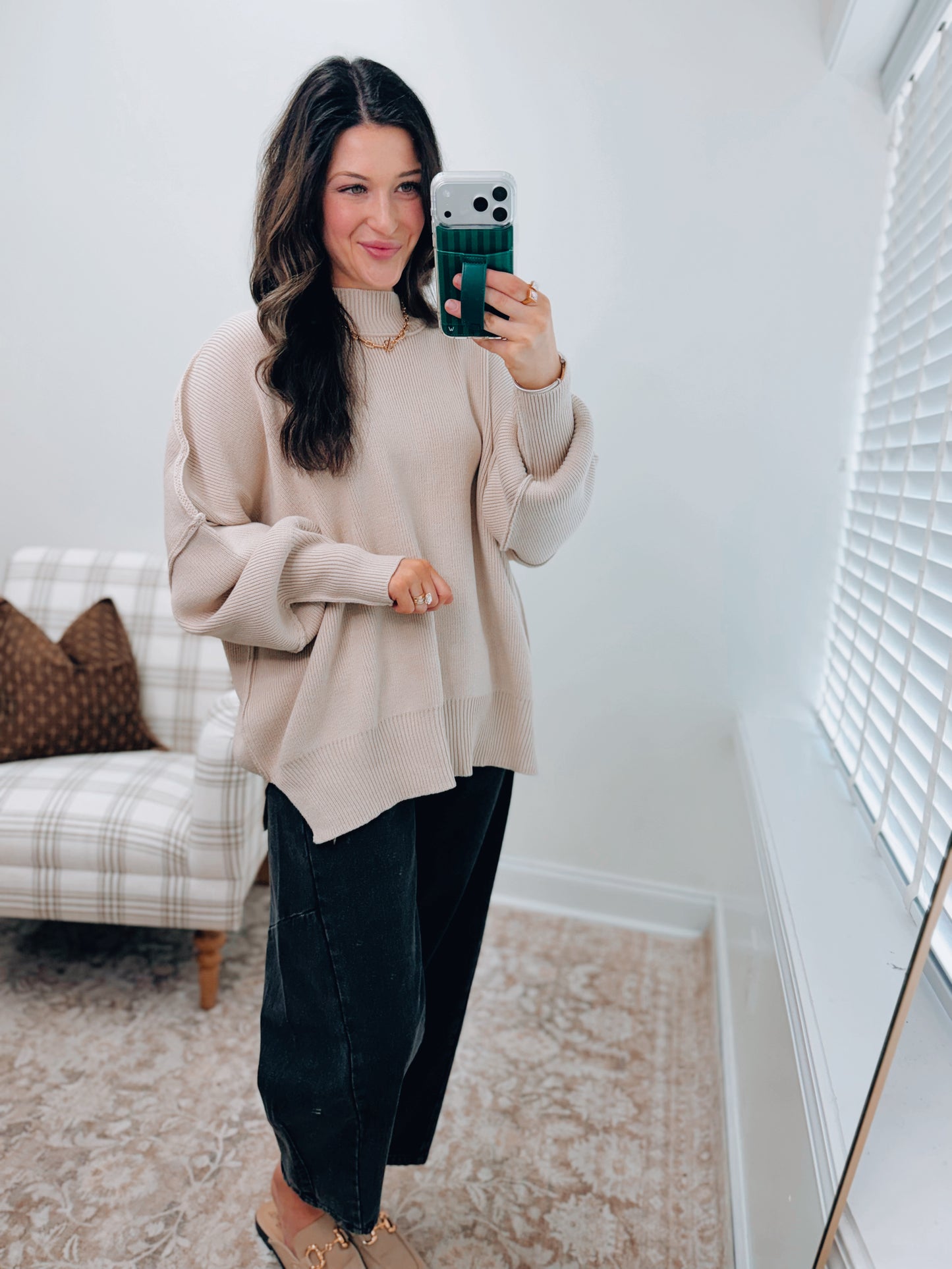 CURVY Millie Ribbed Oversized Sweater Top - Sand Beige