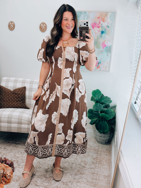Marigold Brown Pleated Midi Dress