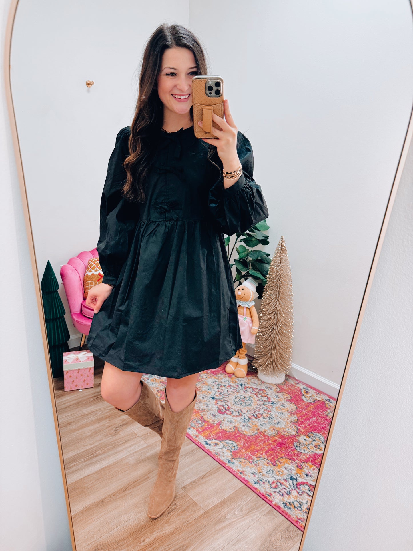 Black Bow Puff Sleeve Mini Dress