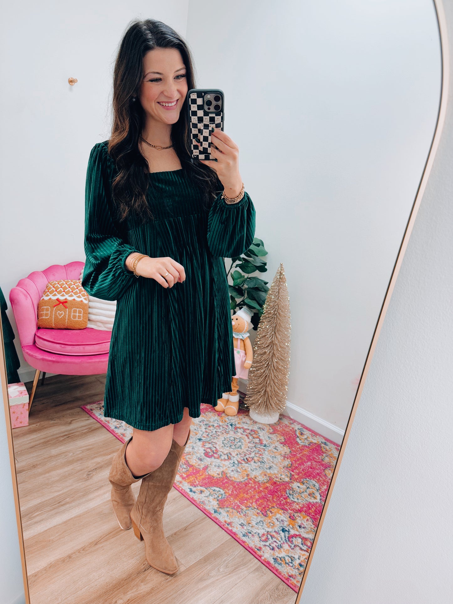 Velvet Ribbed Mini Dress - Green