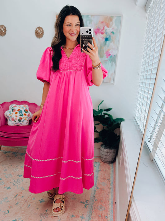Luci Puff Sleeve Midi Dress - Pink