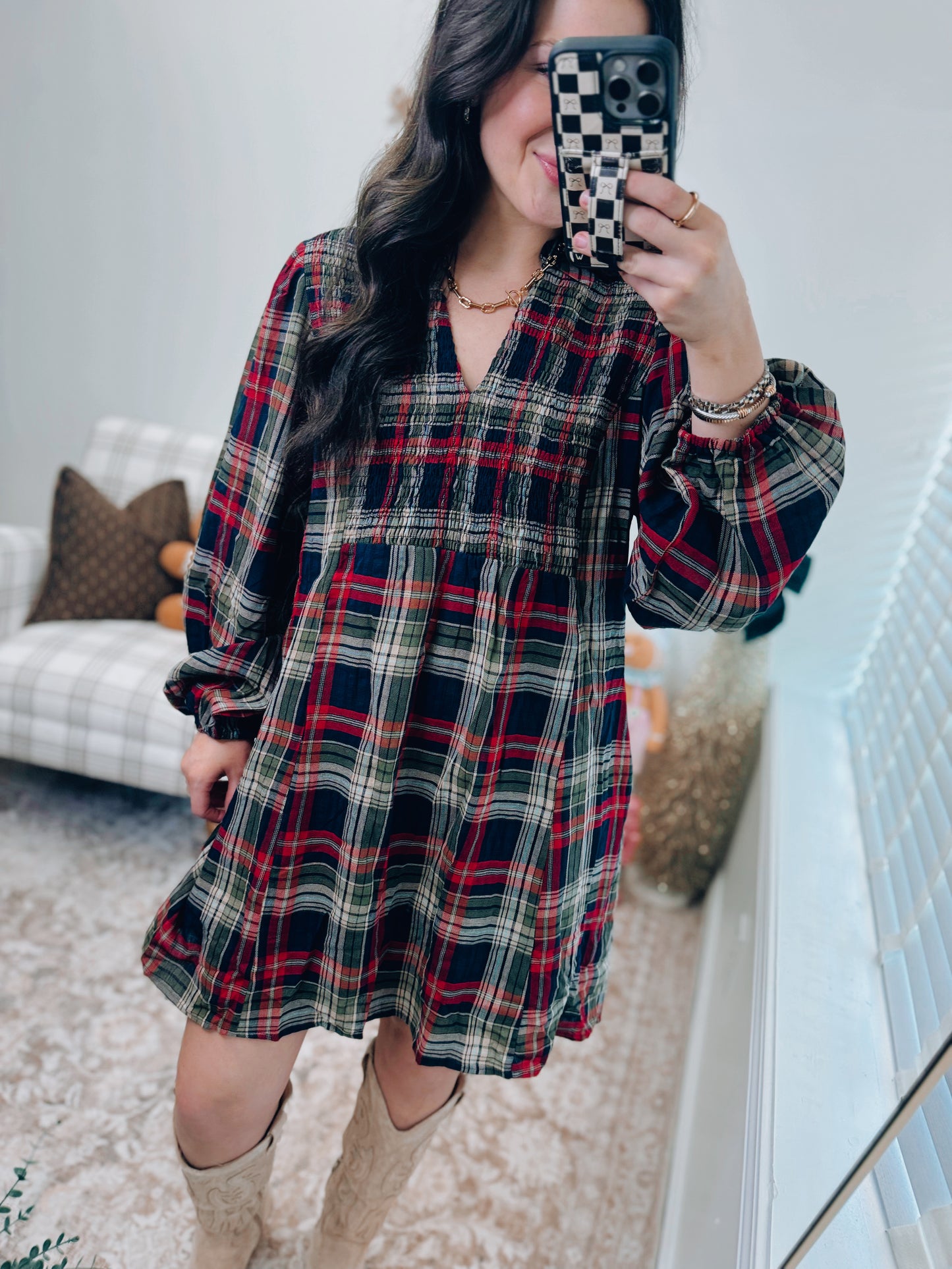 Navy Plaid Smocked Mini Dress