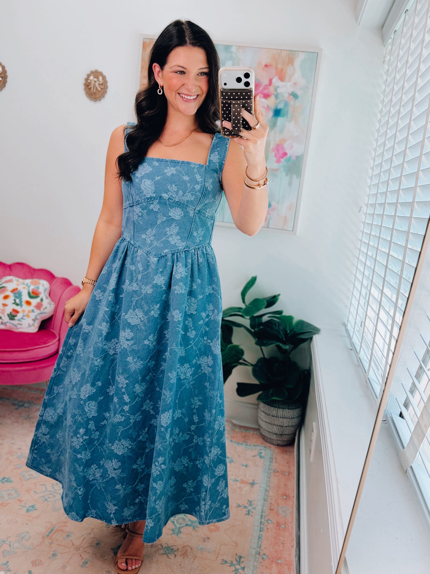 Jacquard Corset Floral Denim Midi Dress