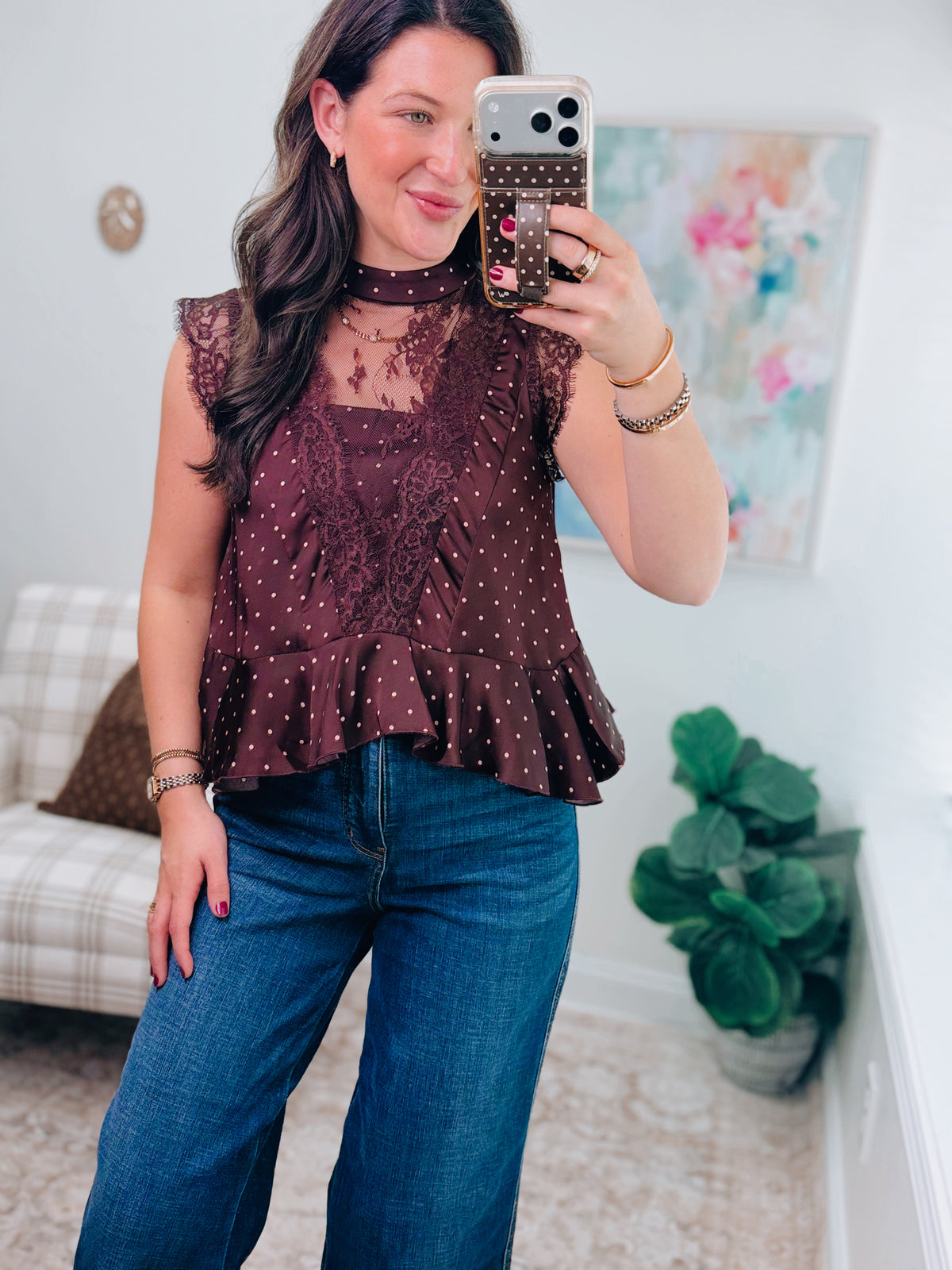 Wine Polka Dot Lace Trim Top