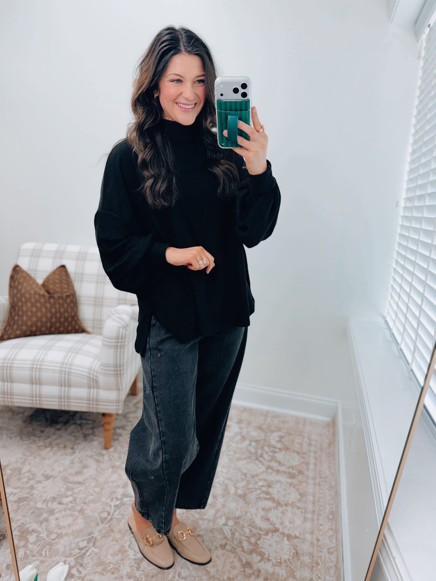 Black Ribbed Mock Neck Balloon Sweater