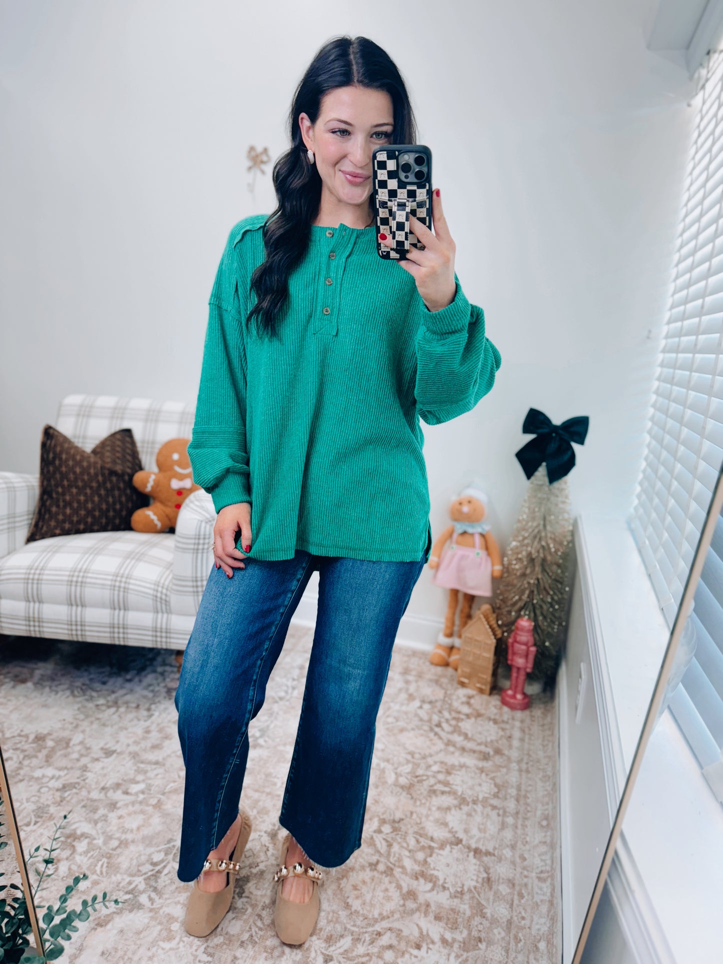 Button Brushed Ribbed Sweater - K Green