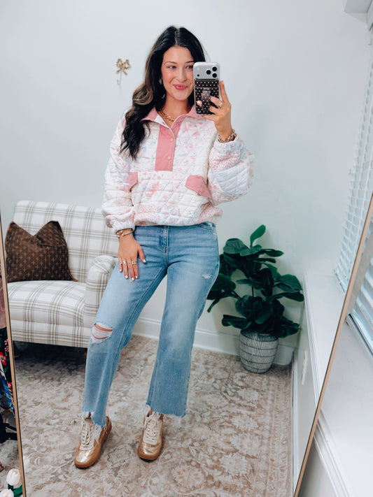 Blushing Bloom Quilted Patchwork Button Pullover