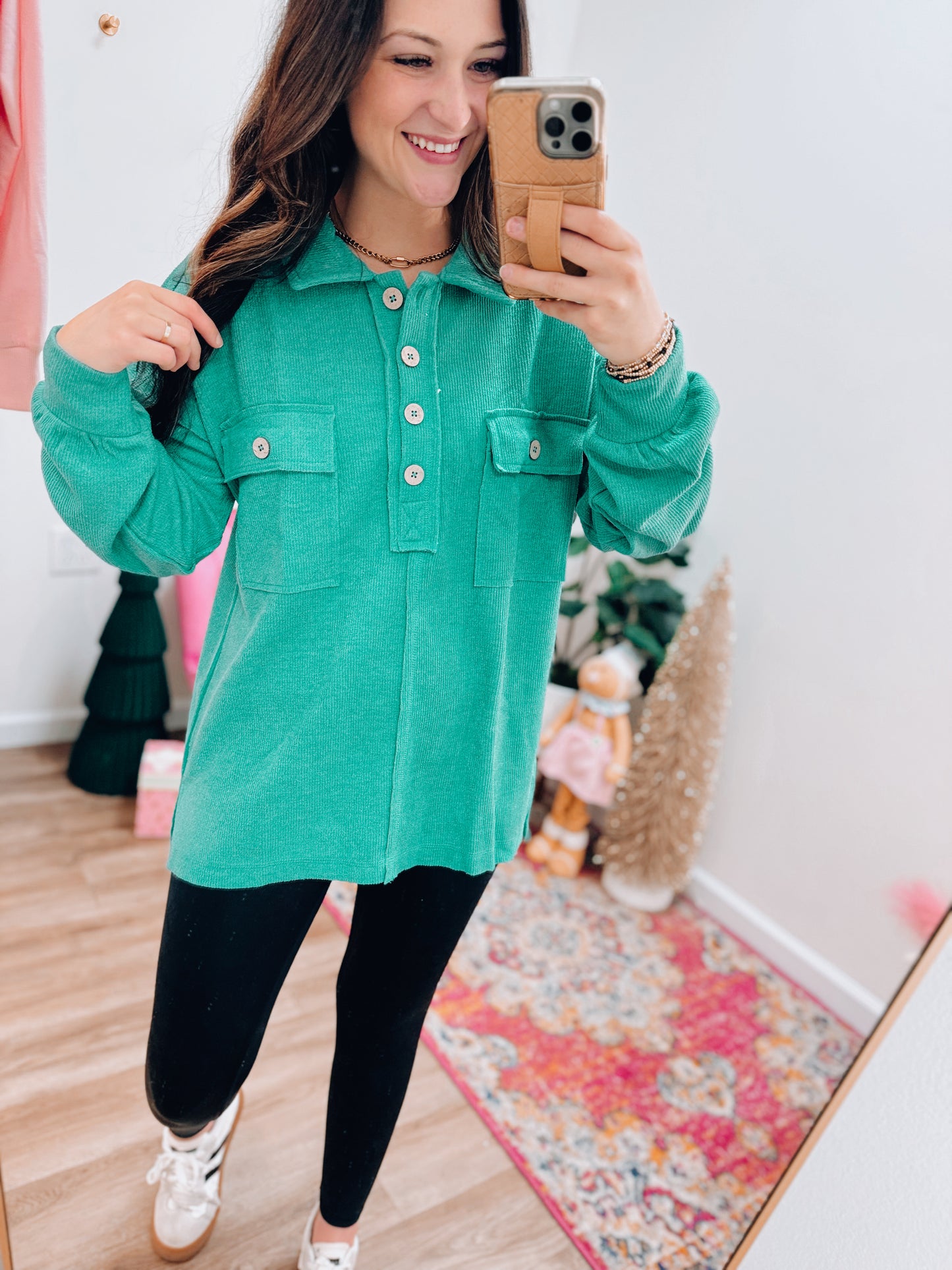 Henley Knit Button Top - Green