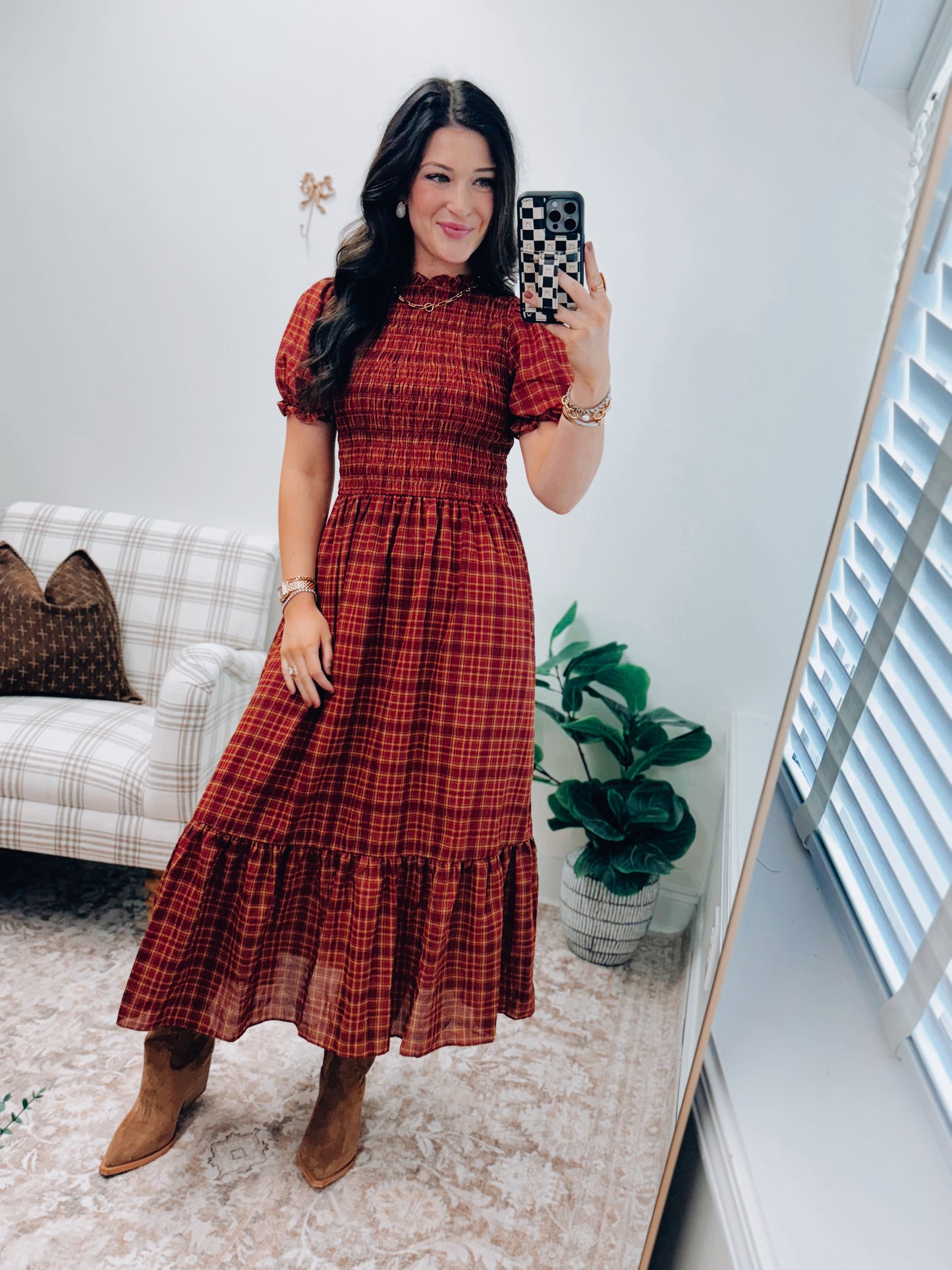 Chandler Plaid Smocked Midi Dress