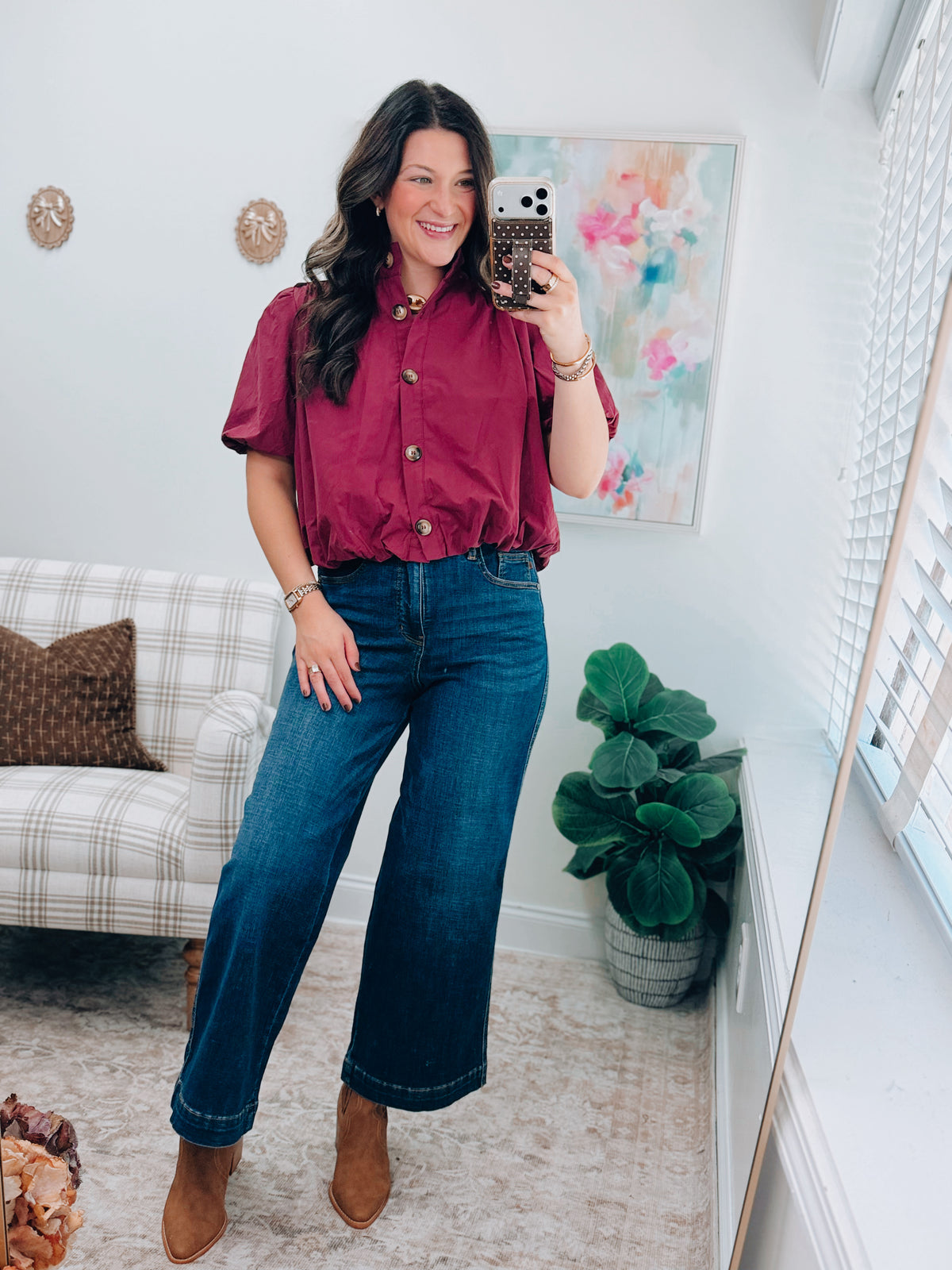 Gracie Button Bubble Hem Top - Wine