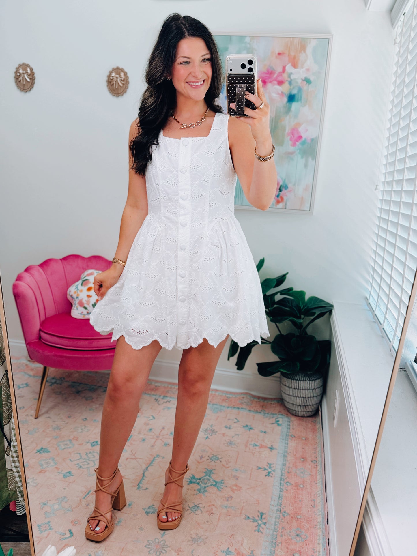 White Eyelet Scallop Button Mini Dress