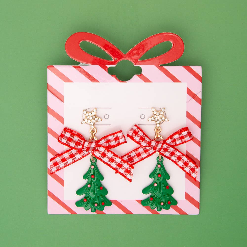 Christmas Tree Stud Earrings with Red Checkered Bow