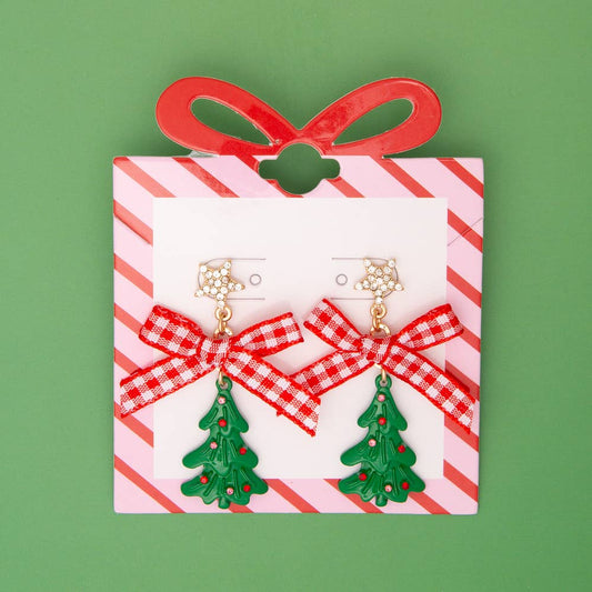 Christmas Tree Stud Earrings with Red Checkered Bow
