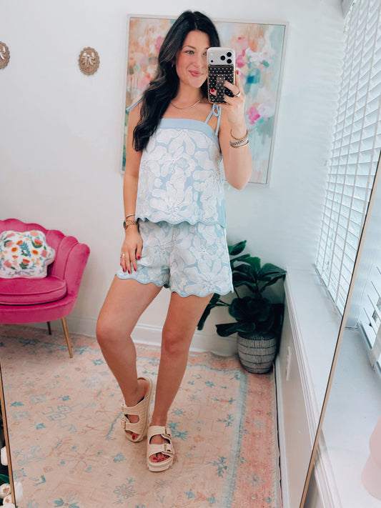 Blue Skies Embroidered Scallop Shorts