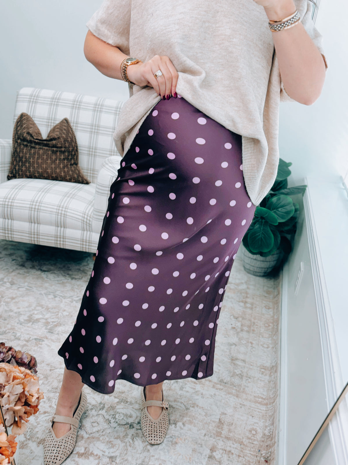 Plum Polka Dot Midi Skirt