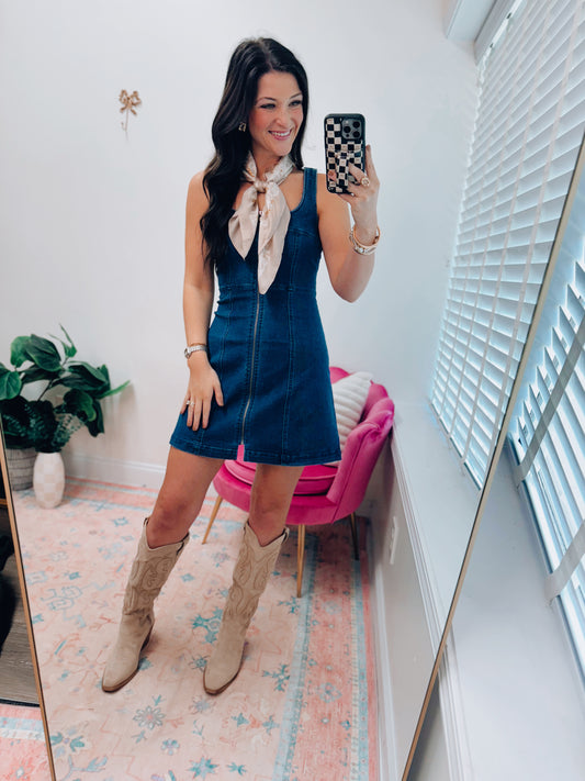 Briar Denim Scoop Neck Zip Mini Dress