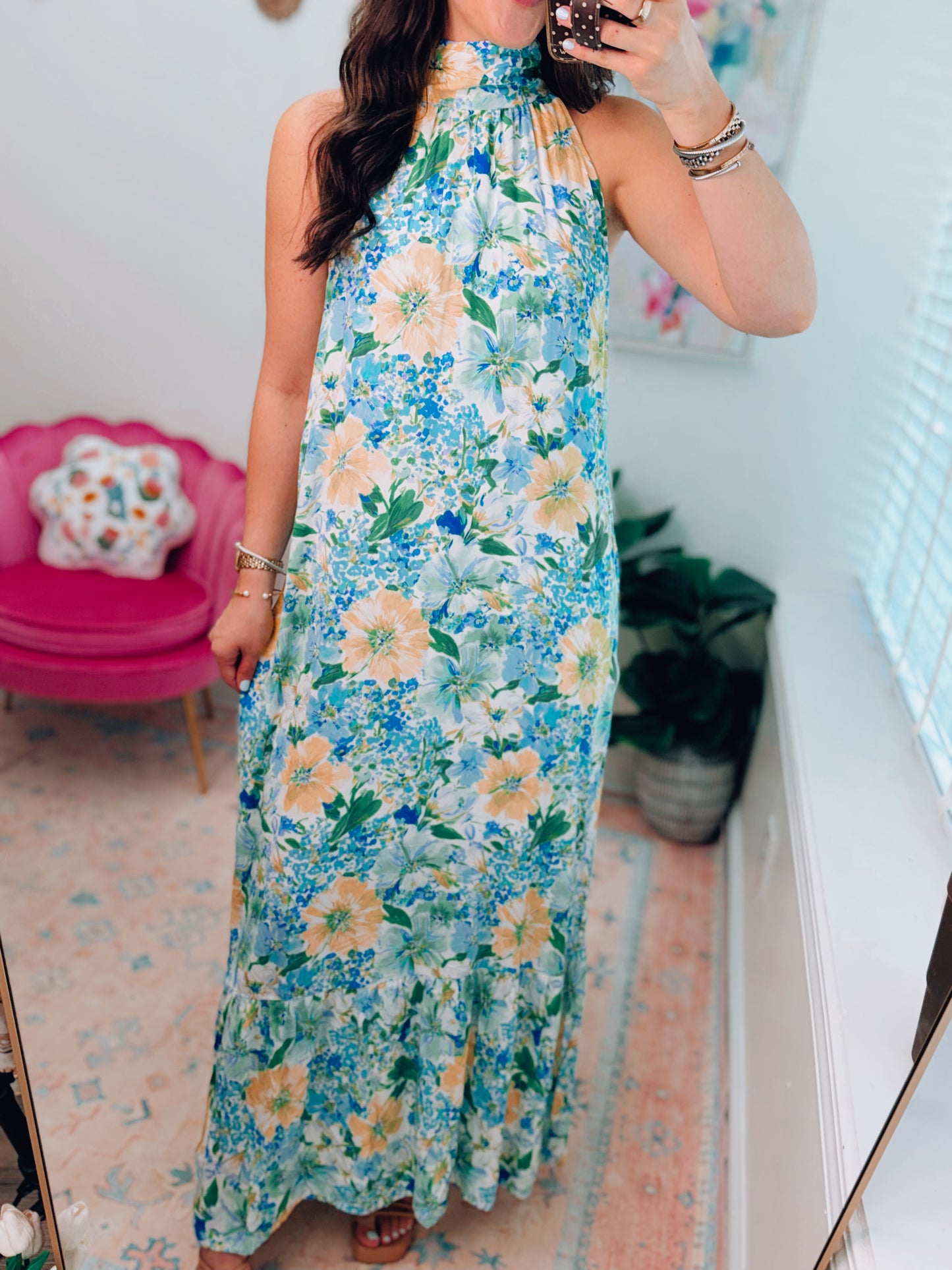 Blue Floral Mix Halter Maxi Dress