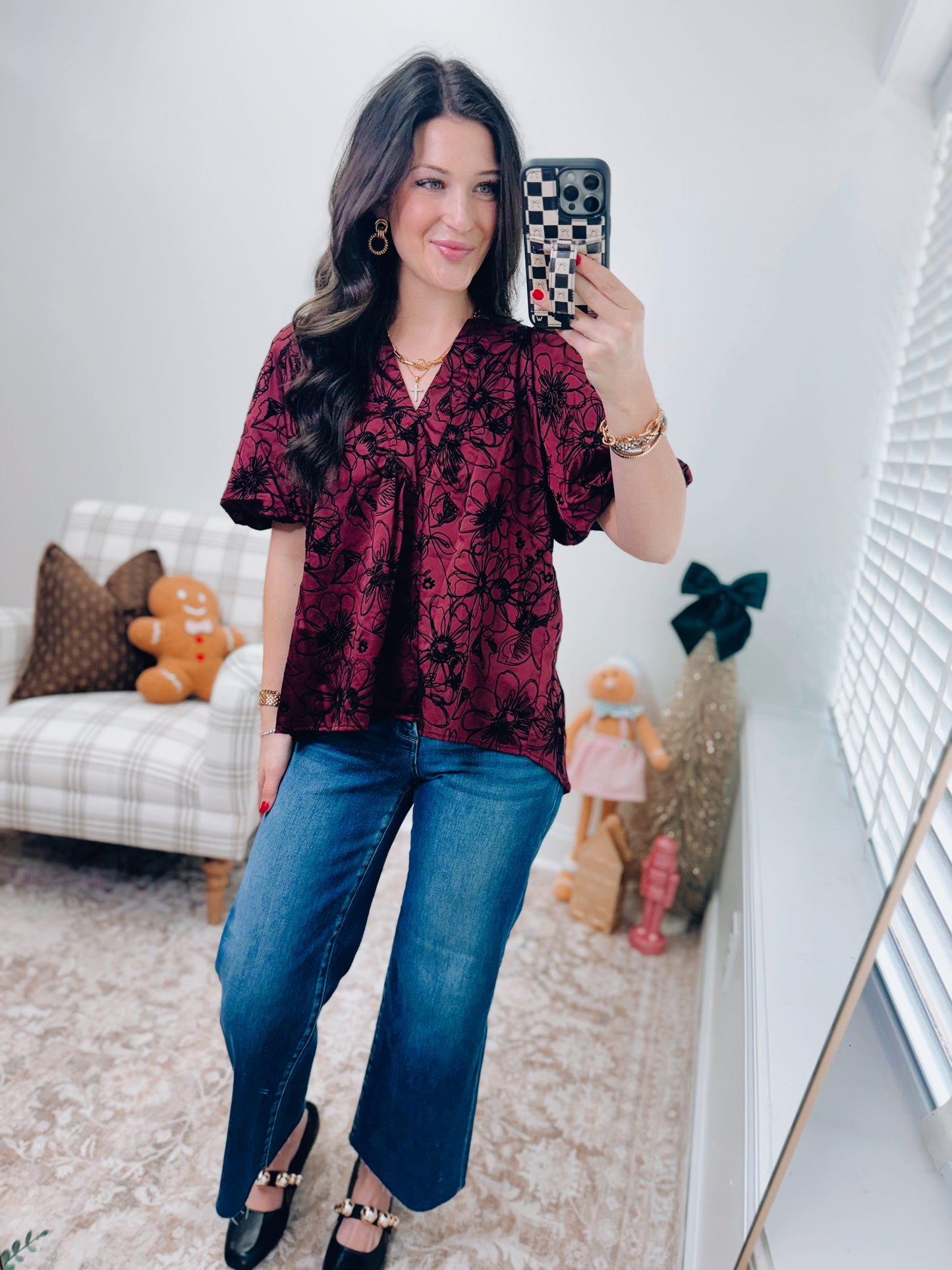 Burgundy V-Neck Stitch Placket Top