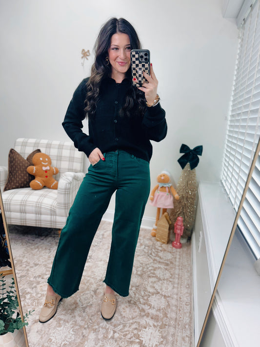 CURVY Hunter Green Risen Tummy Control Wide Leg Denim