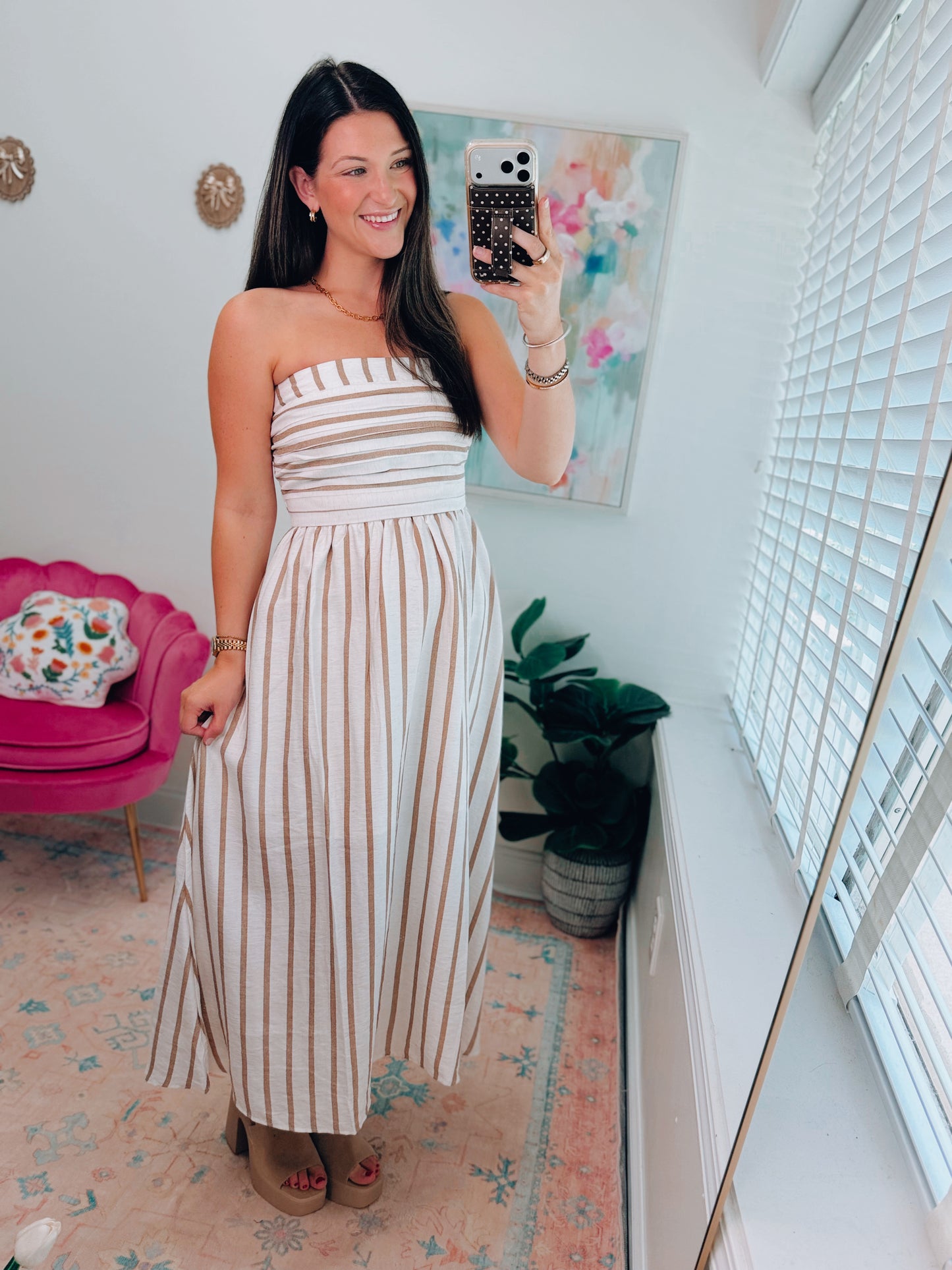 Striped Strapless Linen Midi Dress