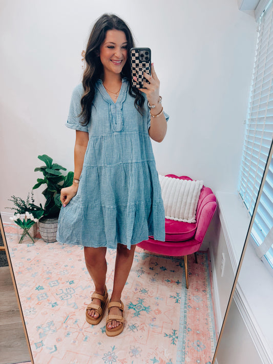 Beth Basic Mineral Gauze Mini Dress - Blue