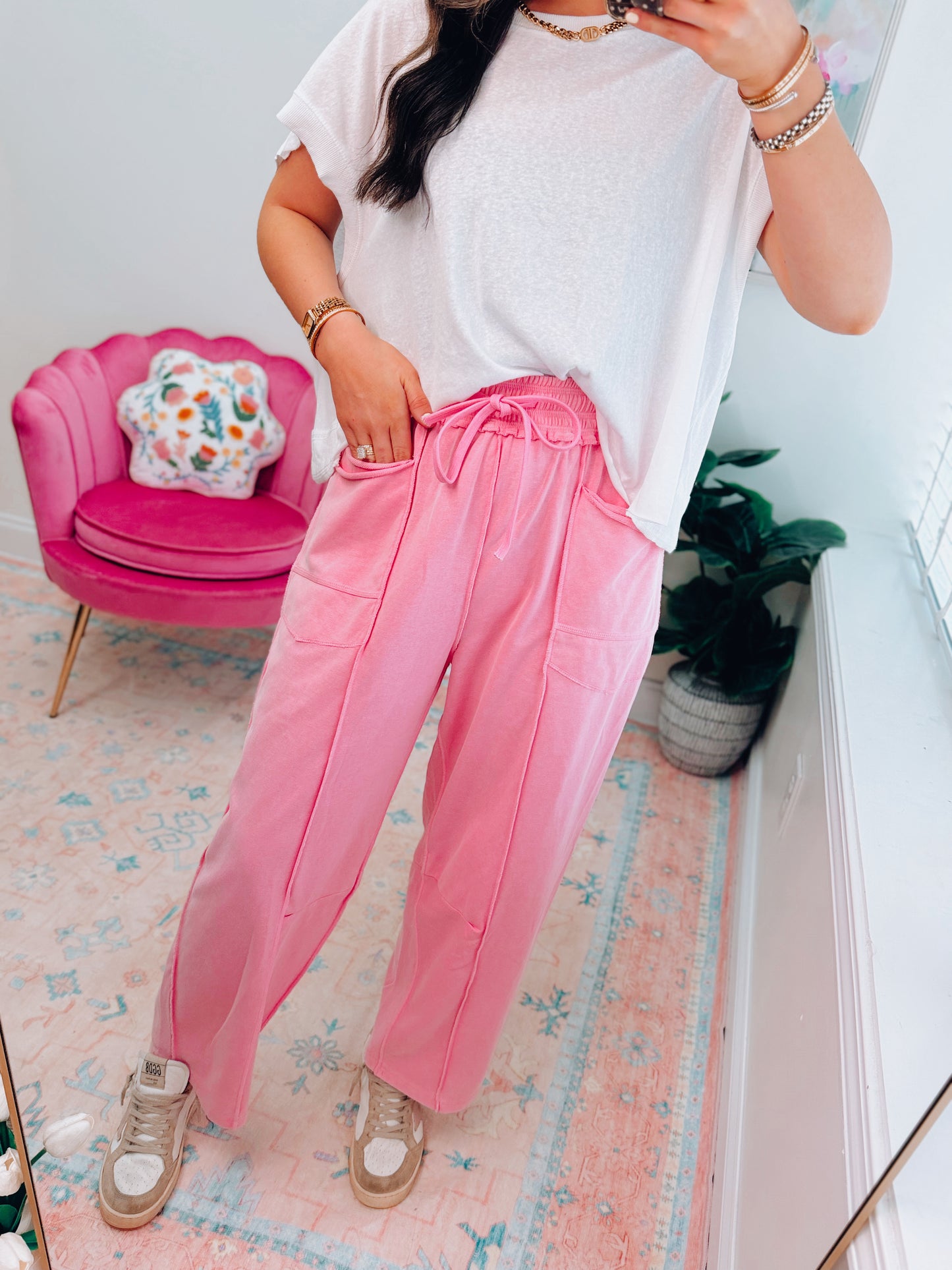 Mineral Wash Barrel Utility Knit Pants - Pink