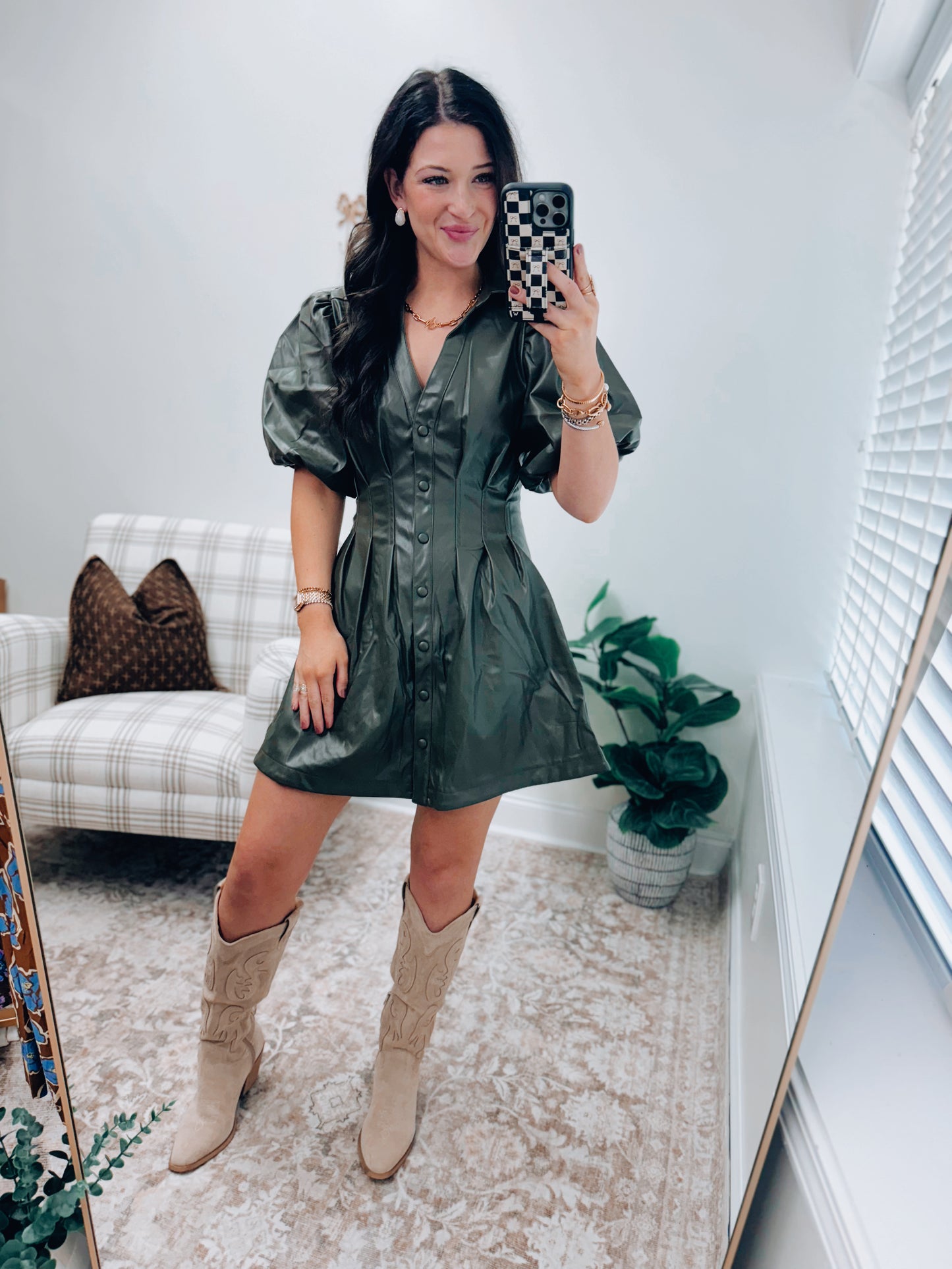 Pleated Faux Leather Olive Mini Dress