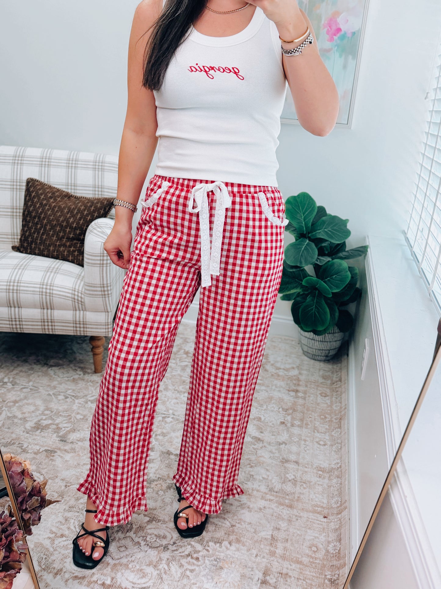 Red Gingham Lace Ruffle Pants