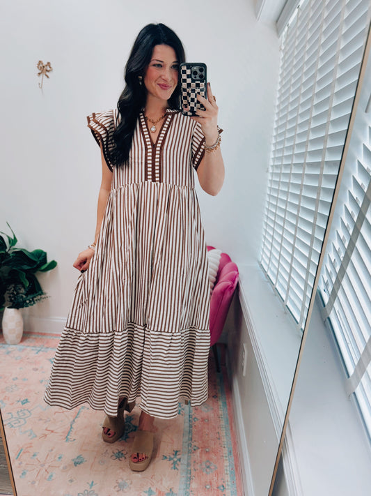Sienna Striped Ruffle Midi Dress  - Brown
