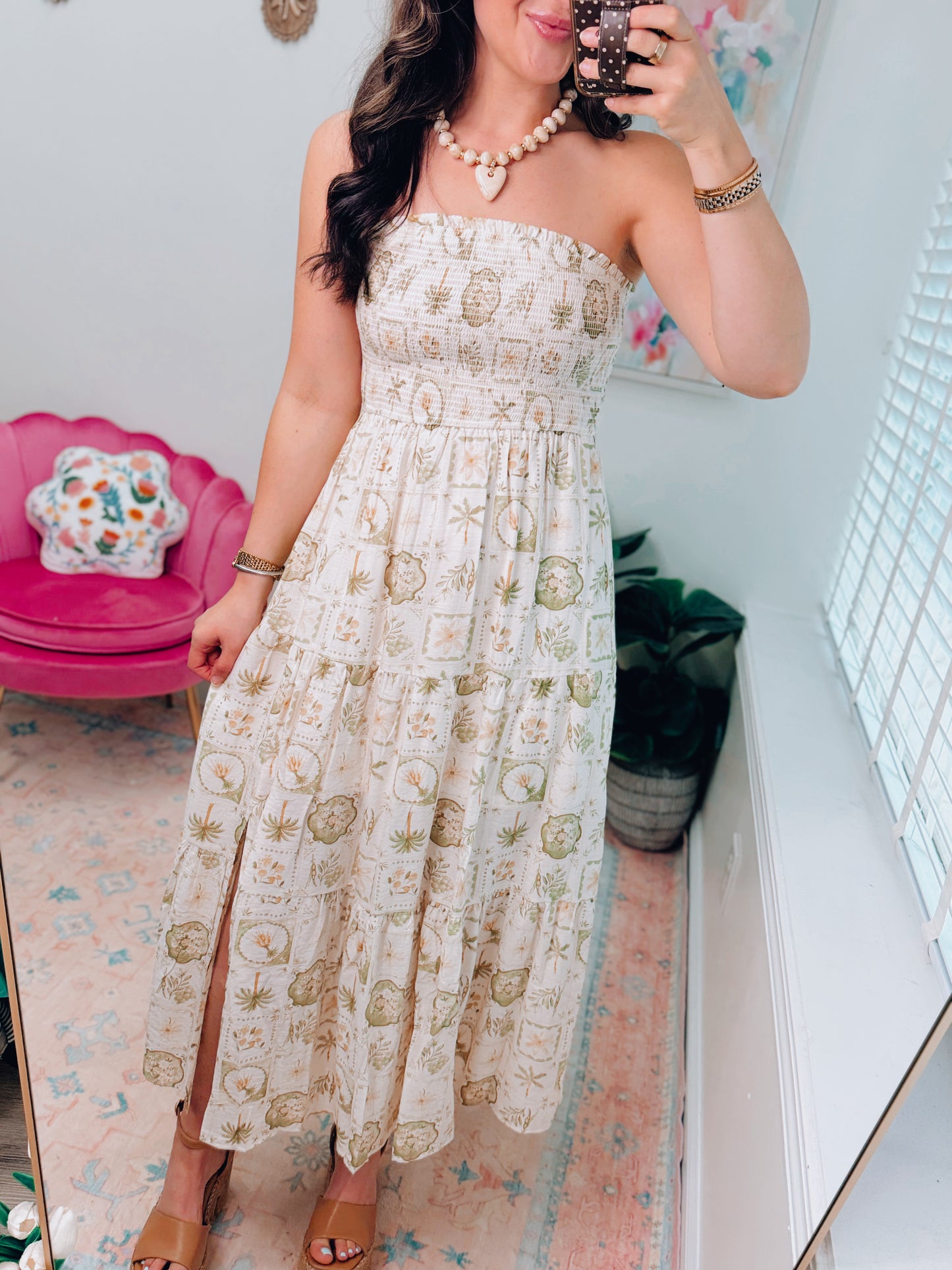 Smocked Palm Mix Midi Dress