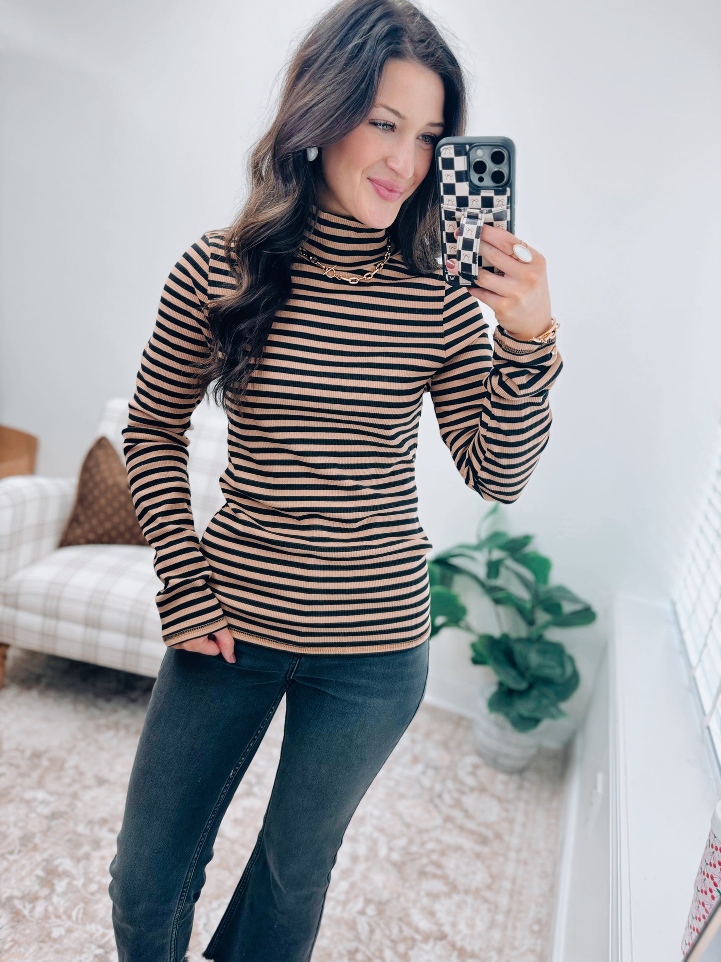 Striped Mock Neck Ribbed Top