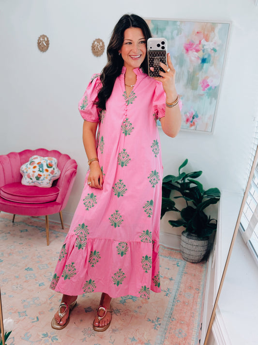 Camille Embroidered Midi Dress - Pink