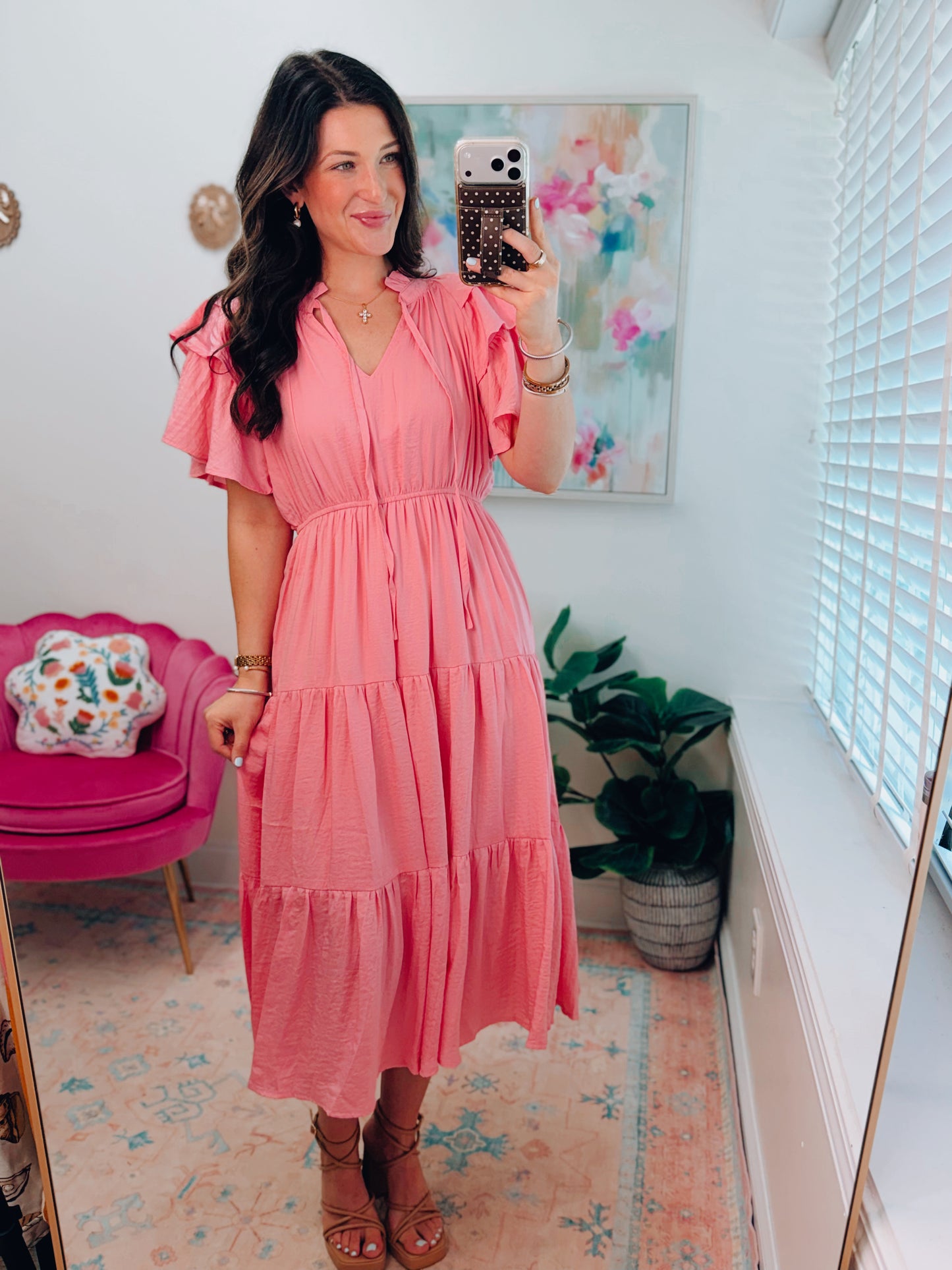 Pink Silk Ruffle Midi Dress