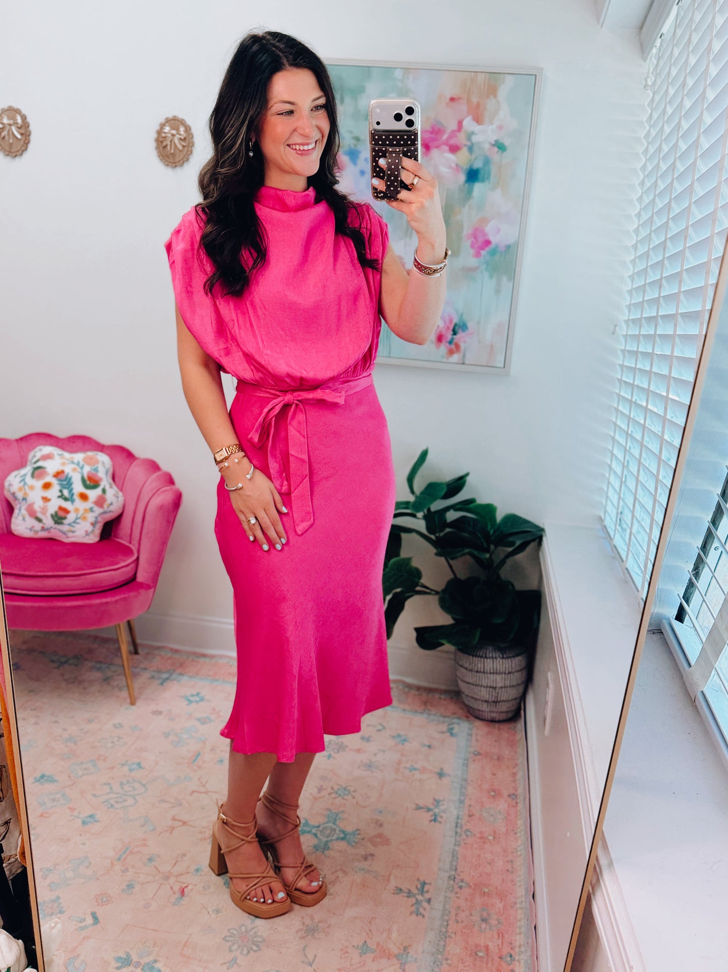 Magenta Satin Cowl Neck Midi Dress