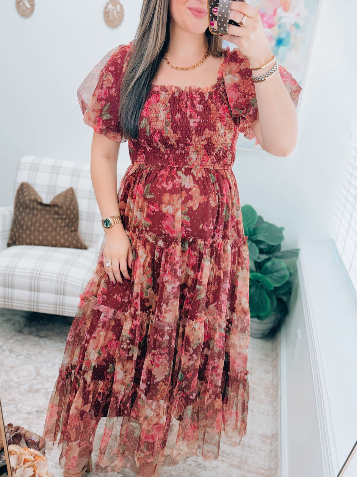 Wine Sheer Floral Smocked Midi Dress