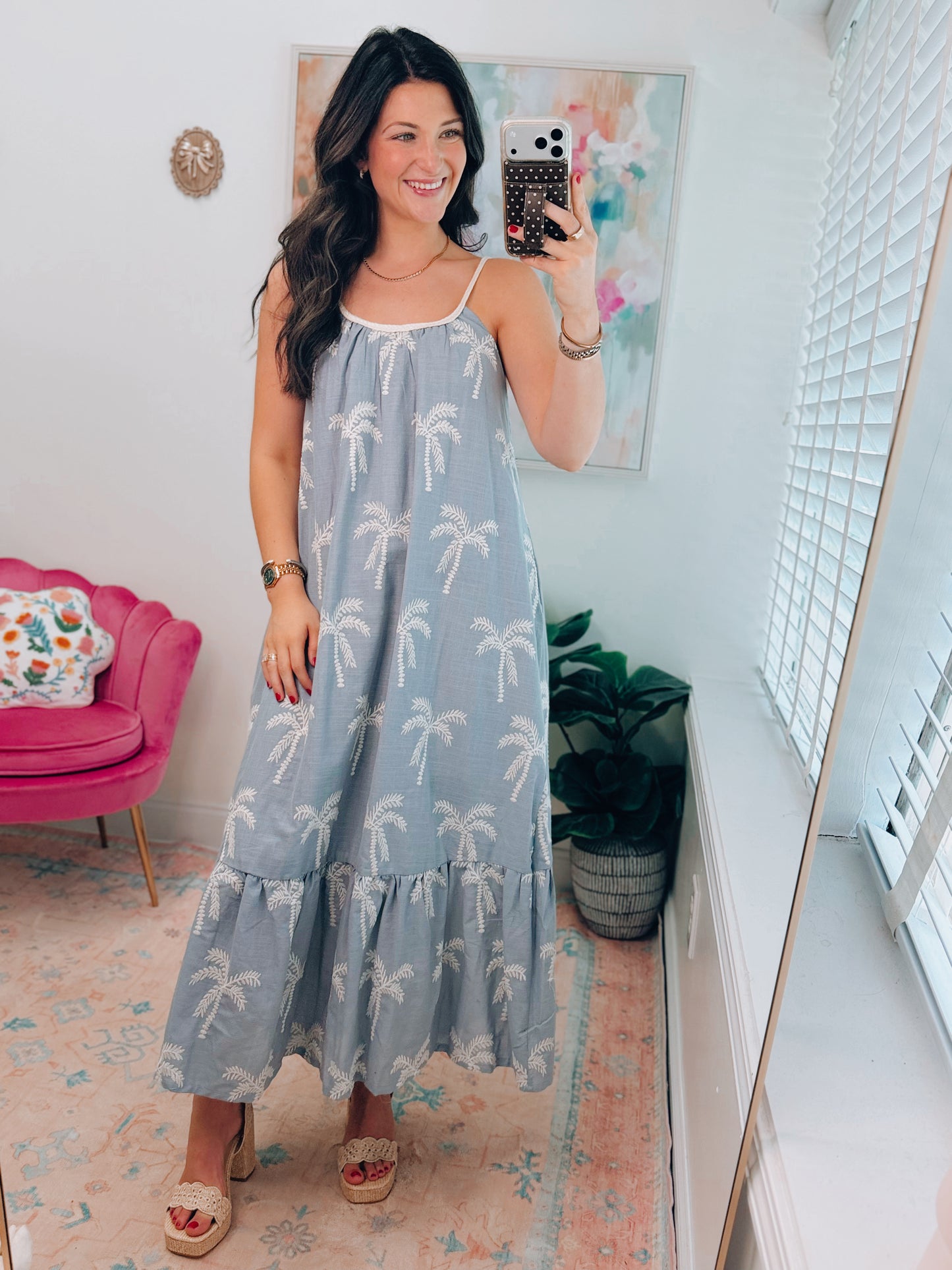 Dusty Blue Embroidered Tie Dress