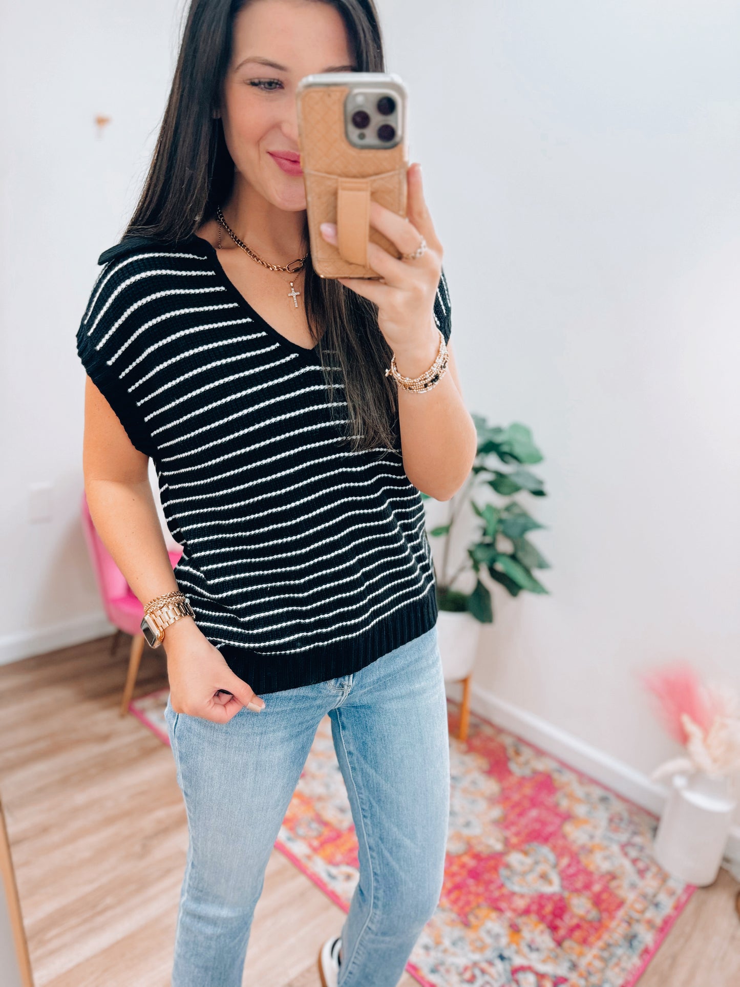 Kadie Striped Knit Sweater Top - Black