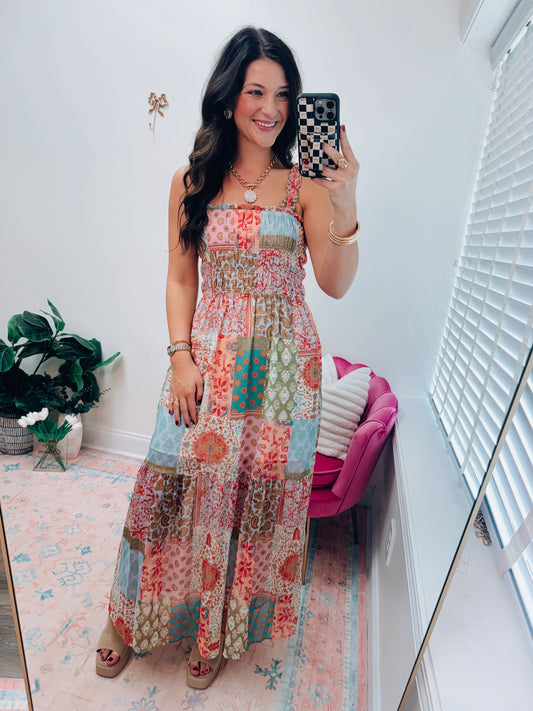 CURVY Fall Patchwork Smocked Maxi Dress