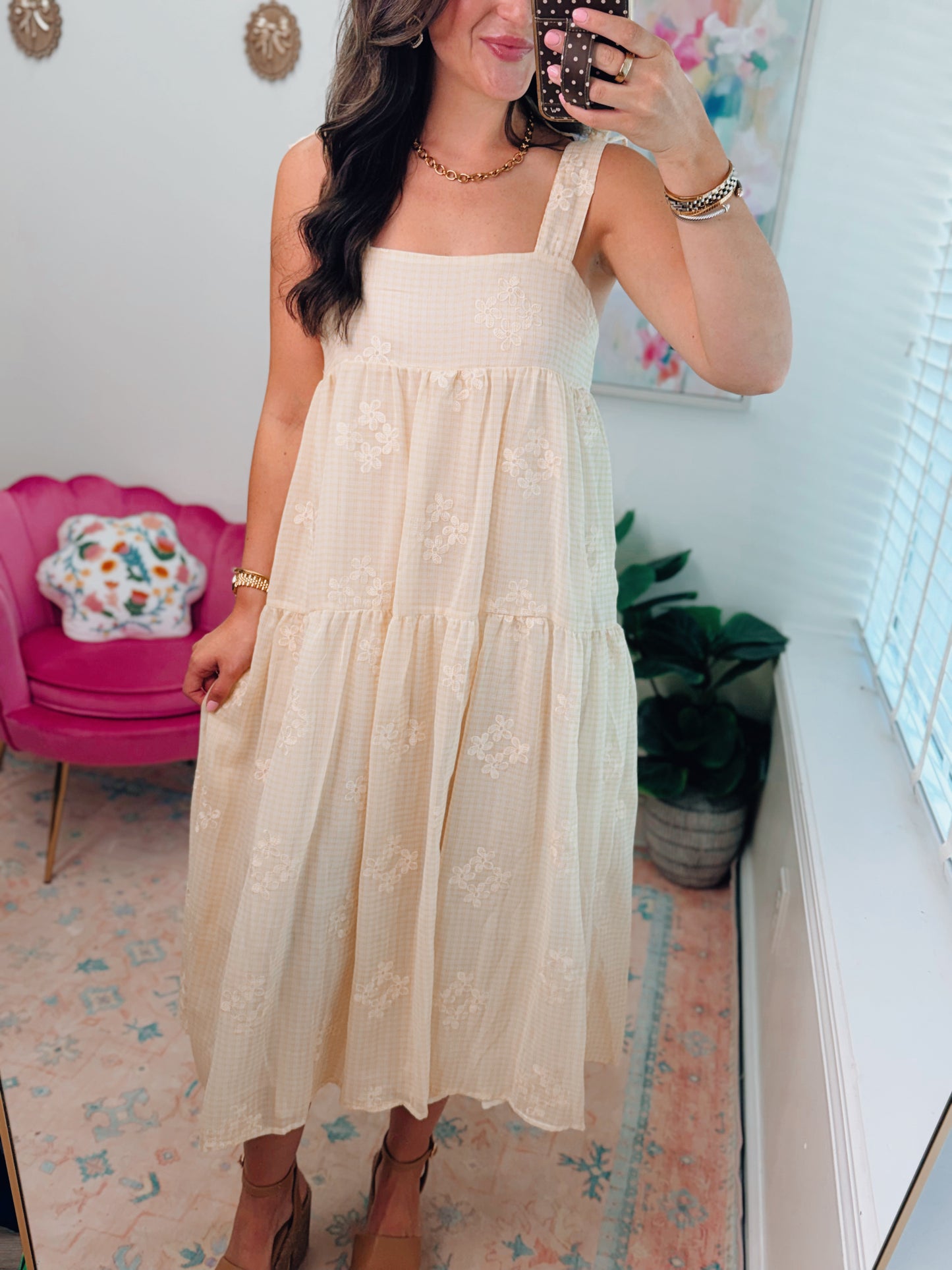 Tiered Embroidered Gingham Midi Dress