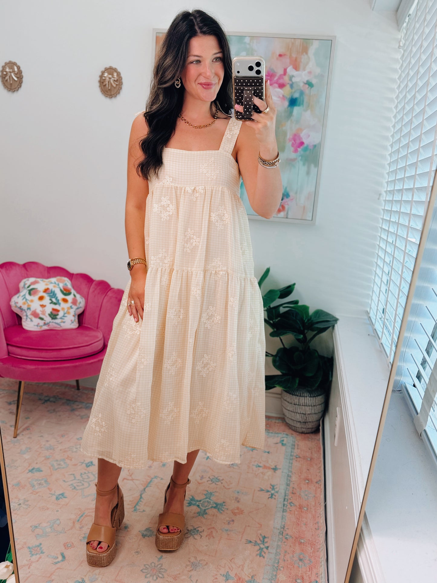 Tiered Embroidered Gingham Midi Dress