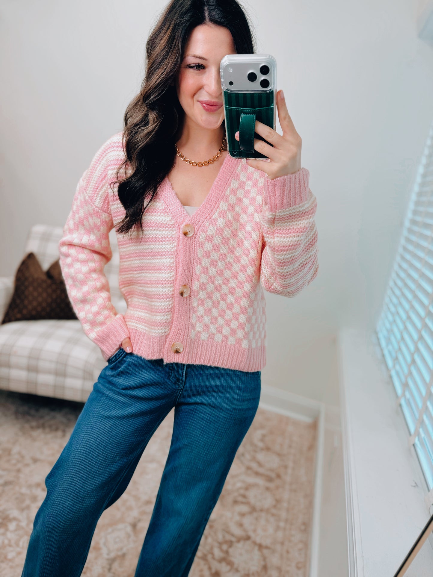 Checker and Stripe Cardigan Sweater - Pink