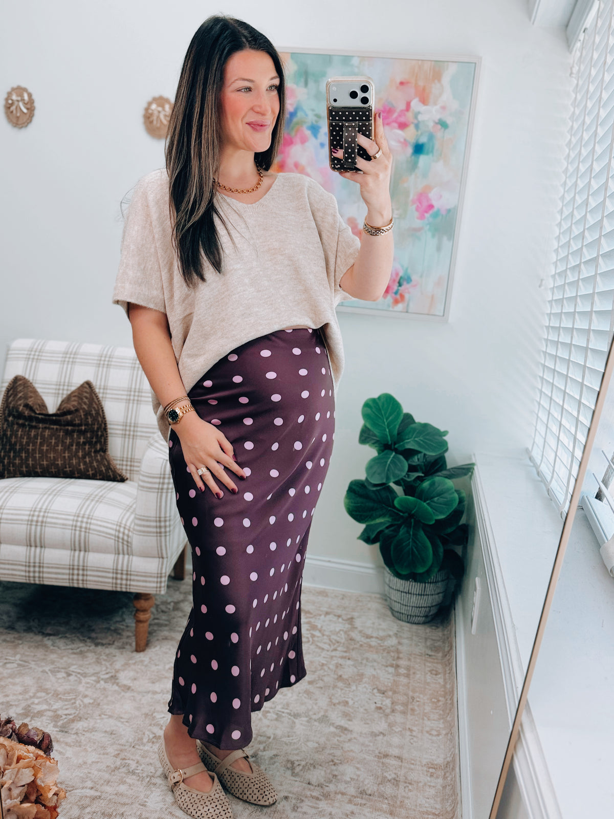 Plum Polka Dot Midi Skirt